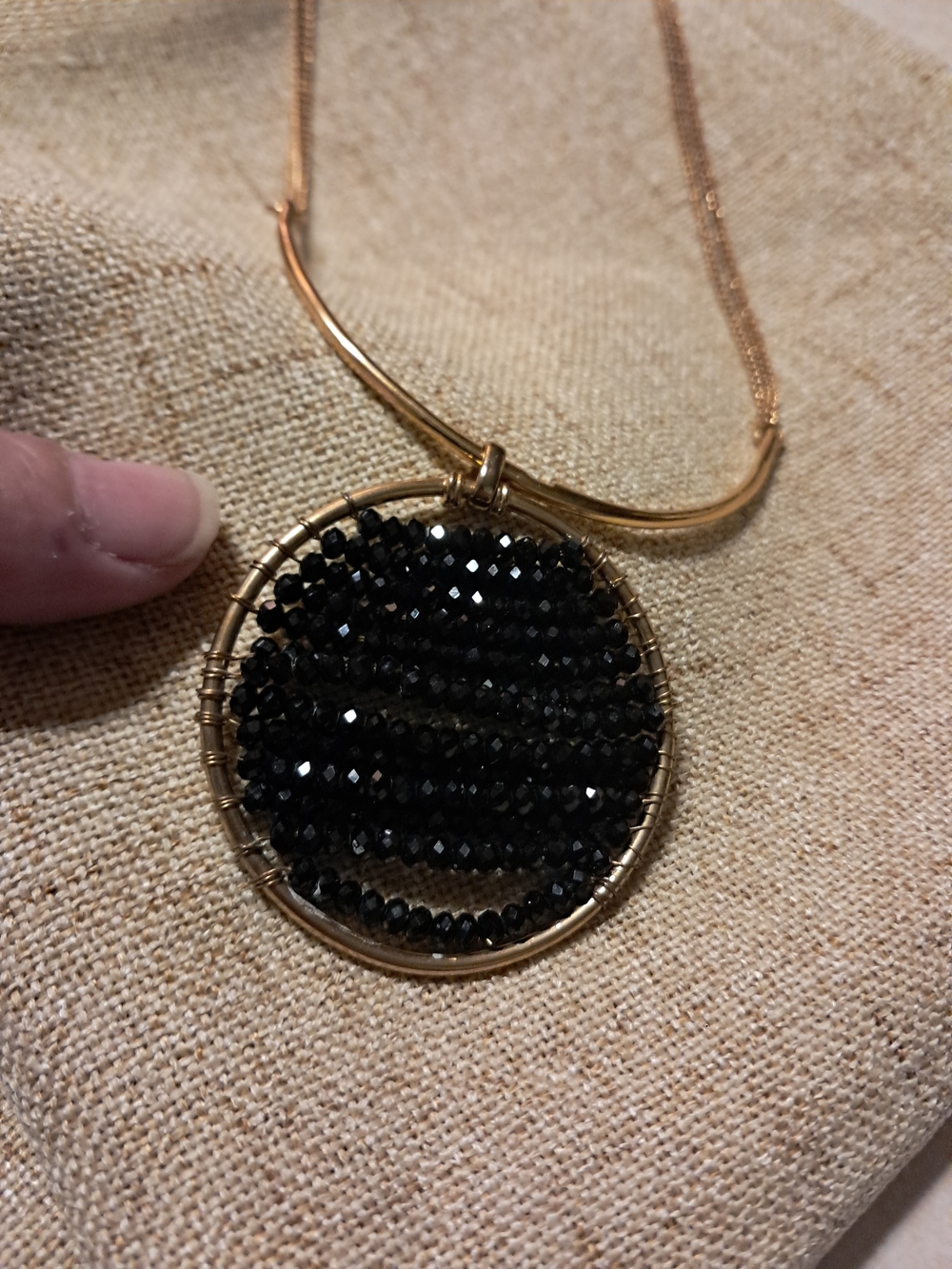 Kenneth Cole Gold Tone Necklace with Black Beaded Round Pendant